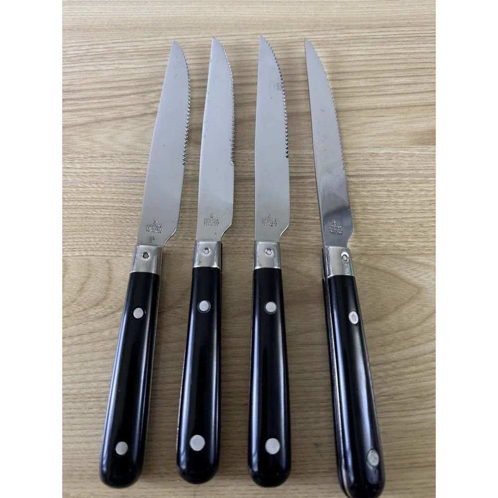 Serrated Stainless Steel Steak Knives Set of 4 Black Handles Thailand